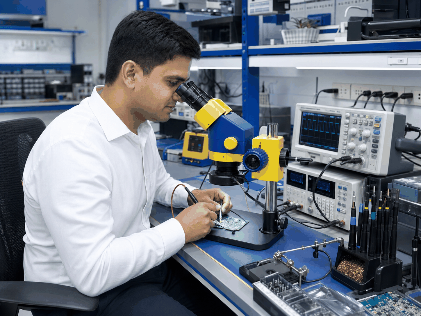 Engineer working at an electronics laboratory bench